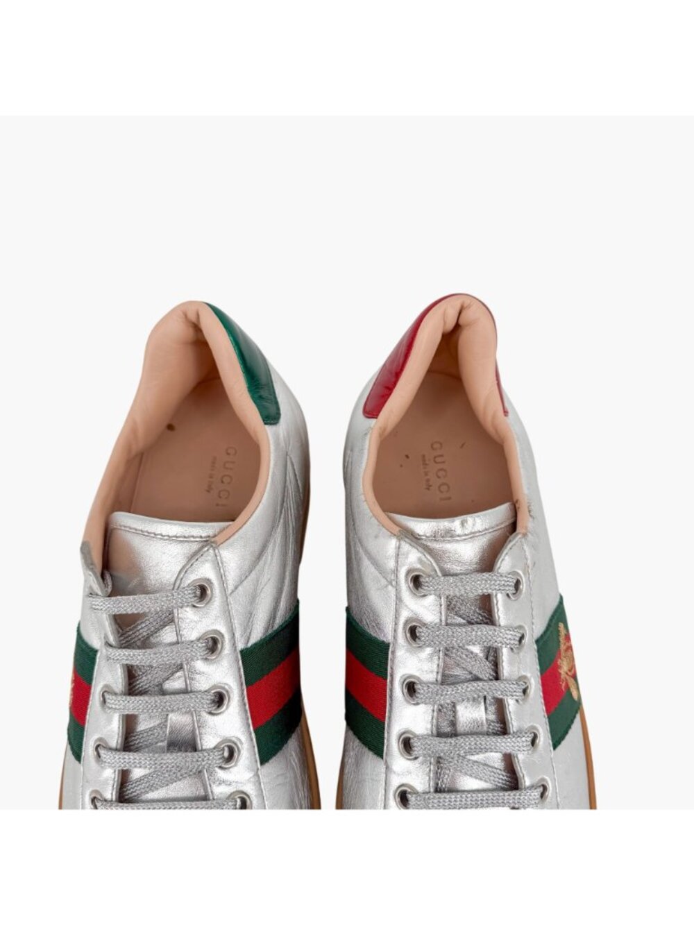 Gucci Ace Bee Silver Leather Platform Low Top Sneakers Shoes Size 41 US 11 Women - Picture 4 of 15